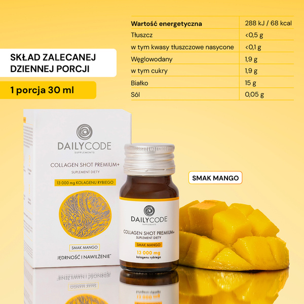 Collagen Shot Premium+, 13 000 mg kolagenu rybiego, 30 szt., smak mango